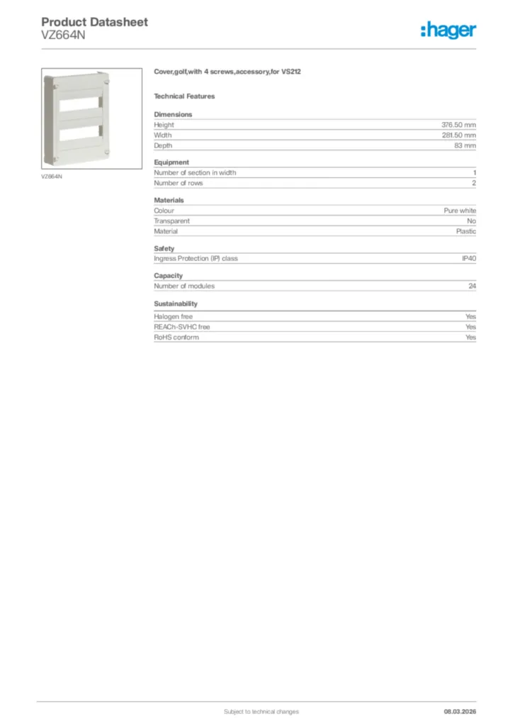 Image Hager Product data sheet VZ664N  | Hager Africa