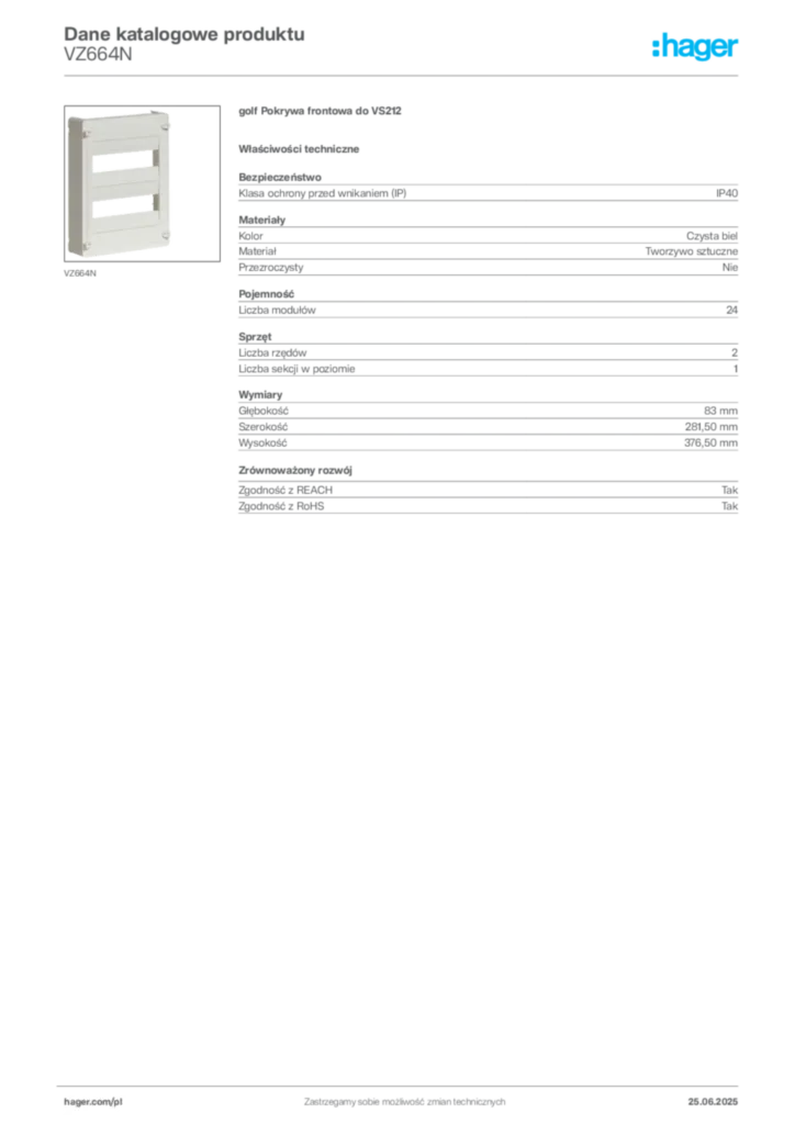 Zdjęcie Hager Karta katalogowa VZ664N | Hager Polska