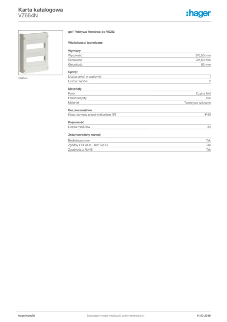 Zdjęcie Hager Karta katalogowa VZ664N | Hager Polska