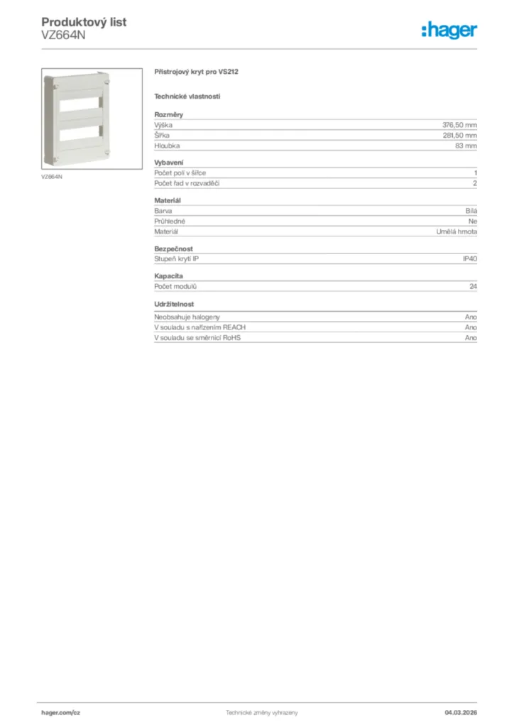 Obrázek Hager Product data sheet VZ664N | Hager
