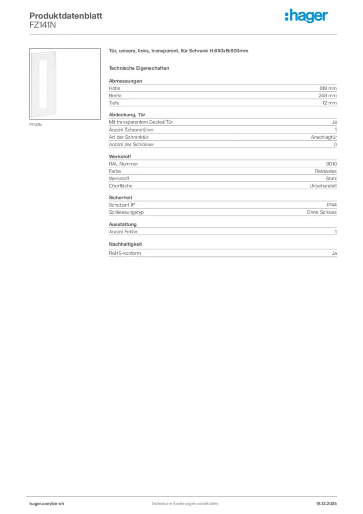 Bild Hager Produktdatenblatt FZ141N | Hager Schweiz