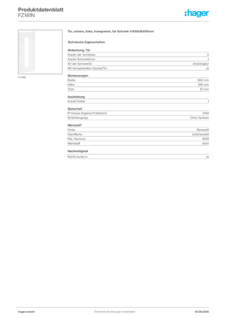 Bild Hager Produktdatenblatt FZ141N | Hager Deutschland