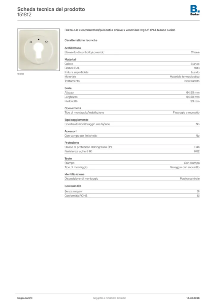 Immagine Berker Scheda tecnica del prodotto 151812 | Hager Italia