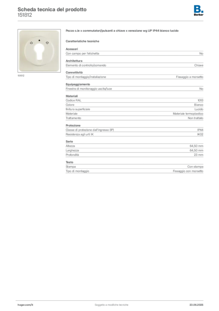 Immagine Berker Scheda tecnica del prodotto 151812 | Hager Italia
