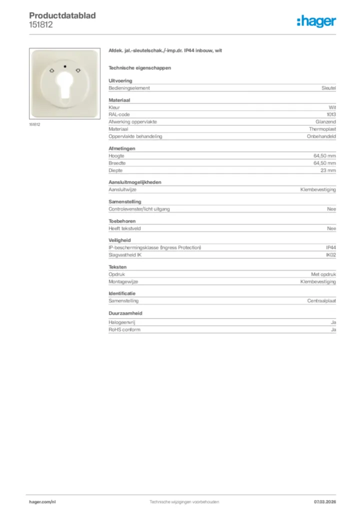 Afbeelding Hager Productdatablad 151812 | Hager Nederland