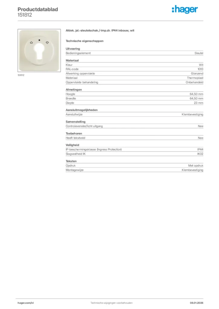 Afbeelding Hager Productdatablad 151812 | Hager Nederland