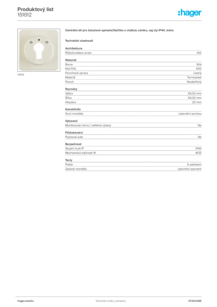 Obrázek Hager Produktový list 151812 | Hager