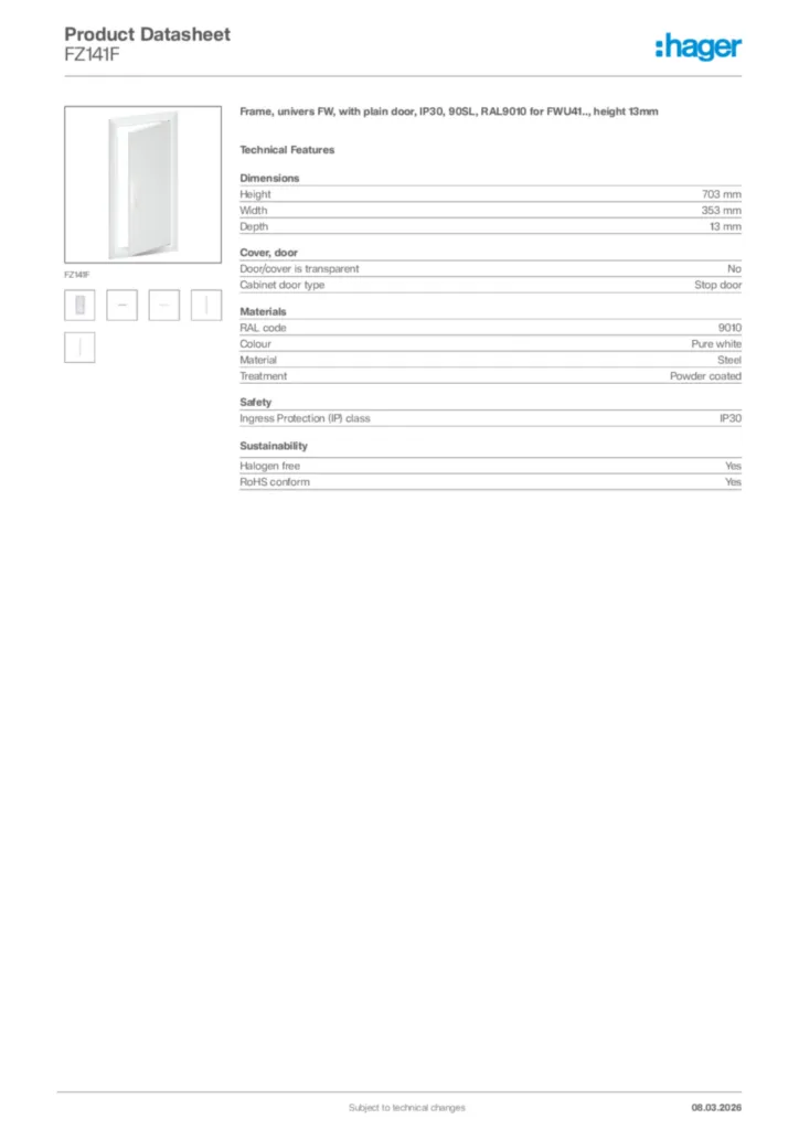 Image Hager Product data sheet FZ141F  | Hager Africa
