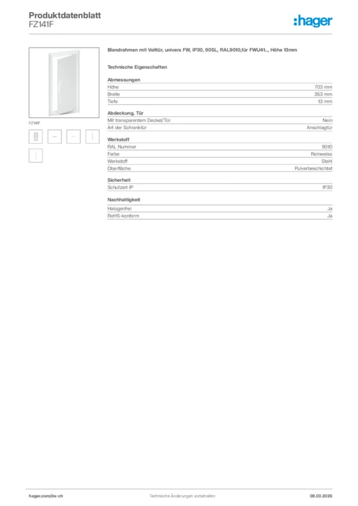 Bild Hager Produktdatenblatt FZ141F | Hager Schweiz
