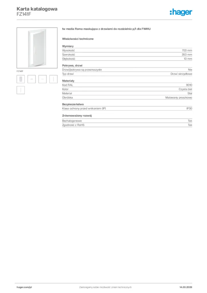 Zdjęcie Hager Karta katalogowa FZ141F | Hager Polska
