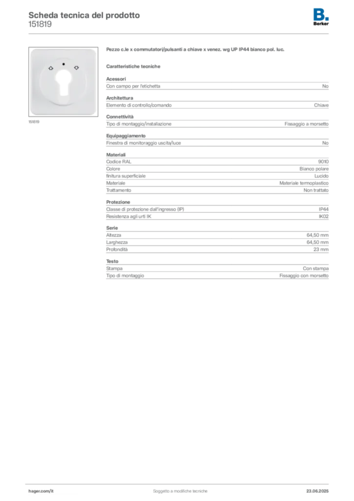 Immagine Berker Scheda tecnica del prodotto 151819 | Hager Italia