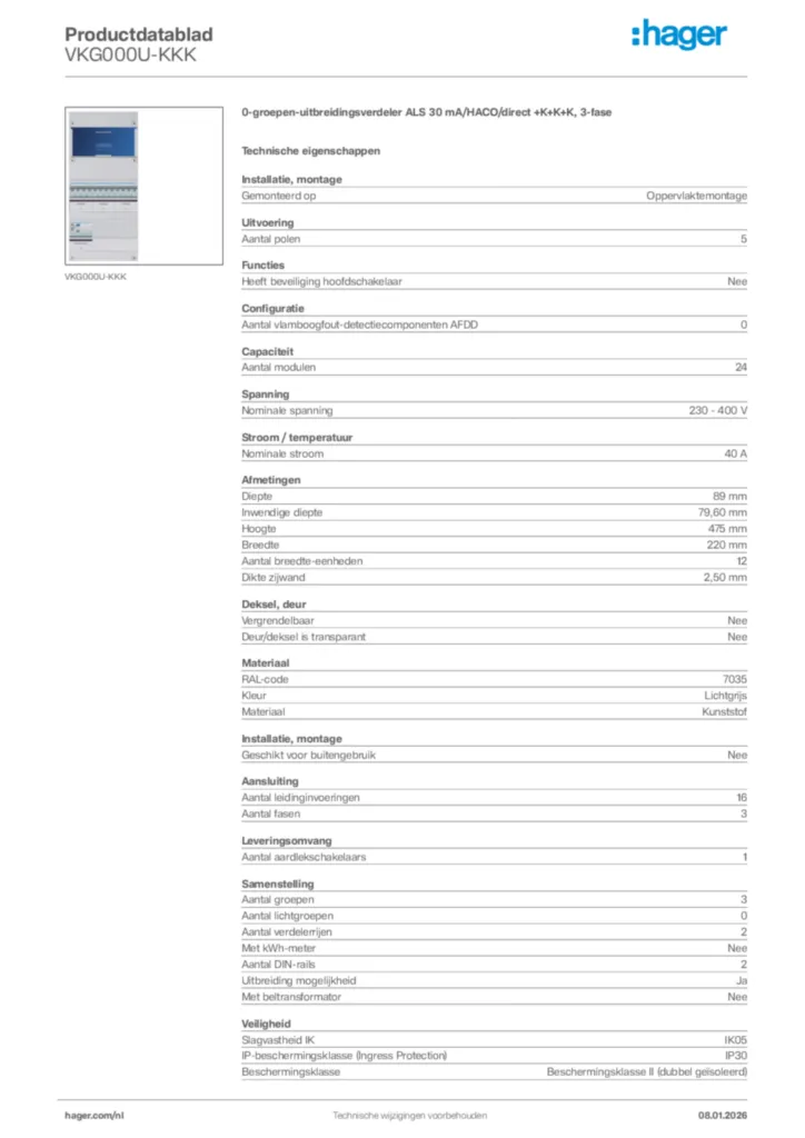 Afbeelding Hager Productdatablad VKG000U-KKK | Hager Nederland