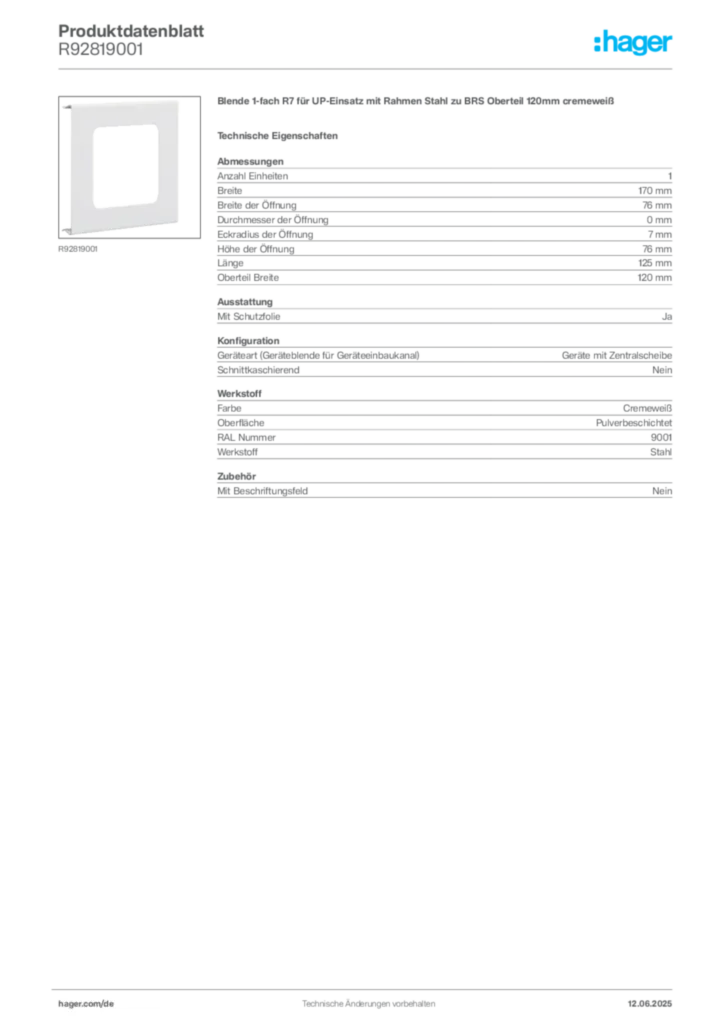 Bild Hager Produktdatenblatt R92819001 | Hager Deutschland