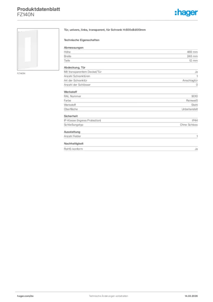 Bild Hager Produktdatenblatt FZ140N | Hager Deutschland