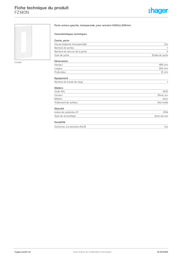 Image Hager Fiche technique du produit FZ140N | Hager Suisse