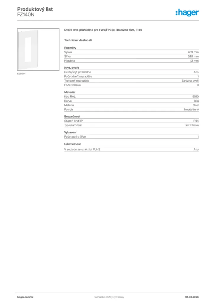 Obrázek Hager Product data sheet FZ140N | Hager
