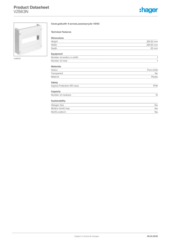 Image Hager Product data sheet VZ663N  | Hager Africa