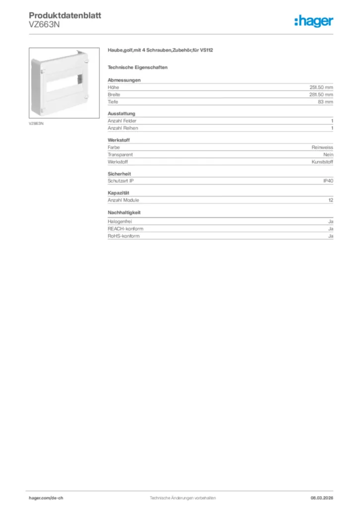 Bild Hager Produktdatenblatt VZ663N | Hager Schweiz