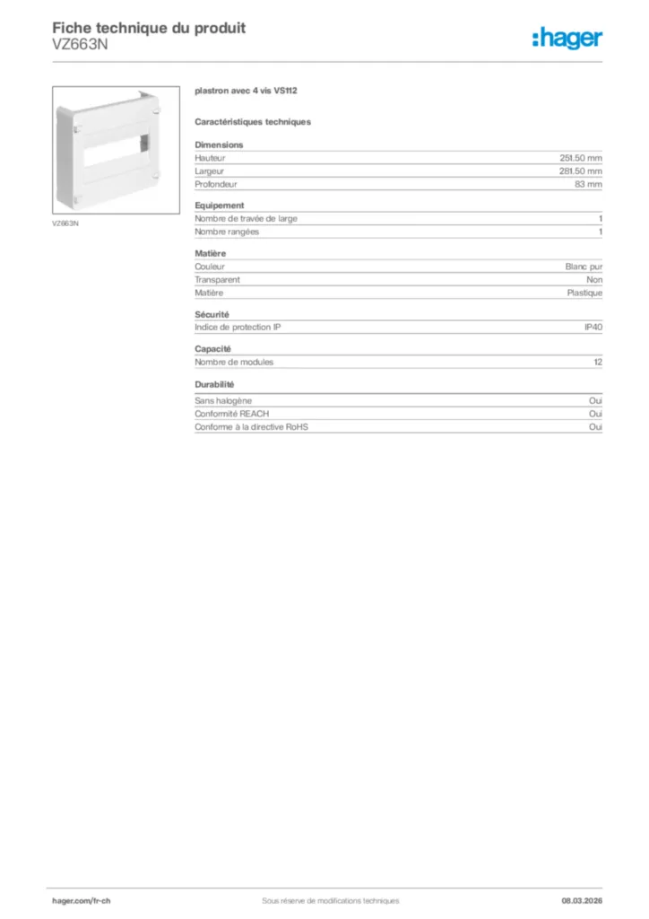 Image Hager Fiche technique du produit VZ663N | Hager Suisse