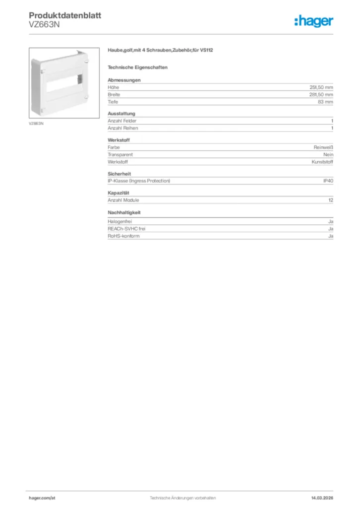 Bild Hager Produktdatenblatt VZ663N | Hager Deutschland