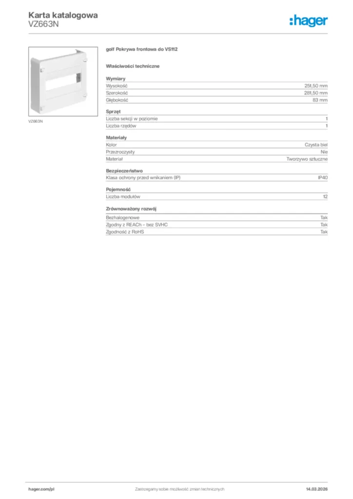 Zdjęcie Hager Karta katalogowa VZ663N | Hager Polska