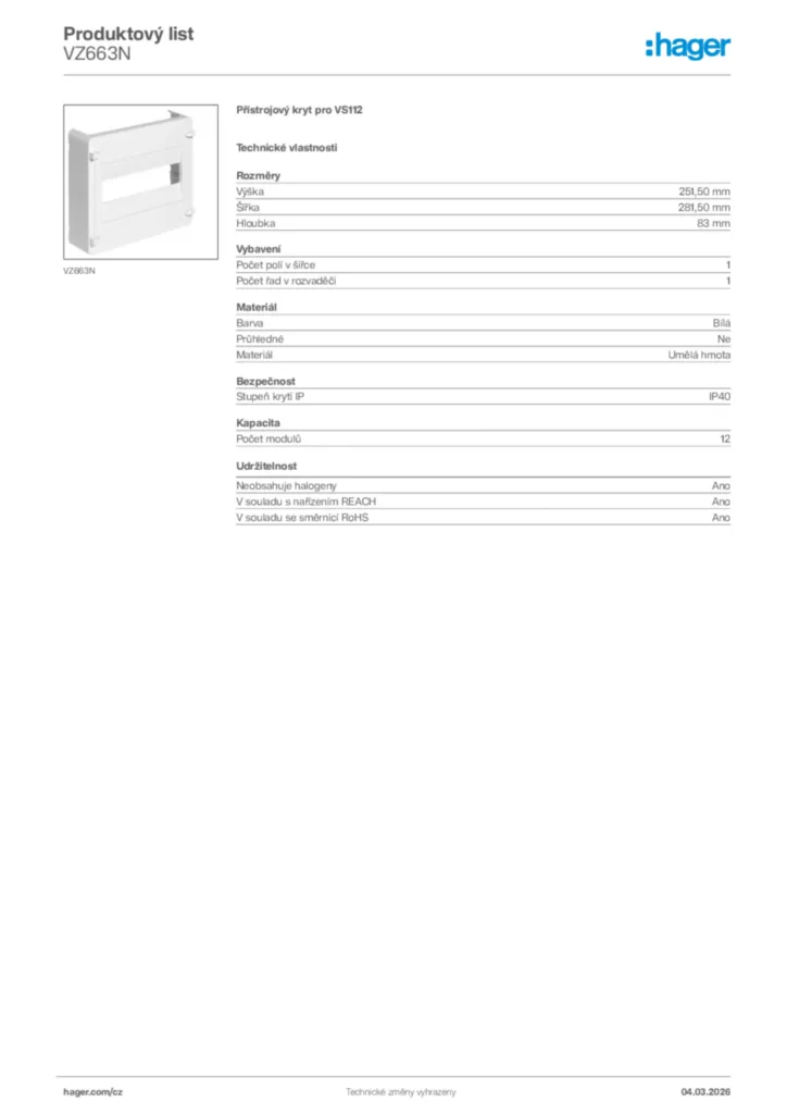 Obrázek Hager Product data sheet VZ663N | Hager