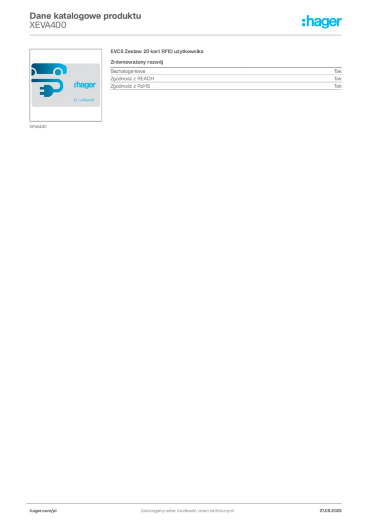 Zdjęcie Hager Karta katalogowa XEVA400 | Hager Polska