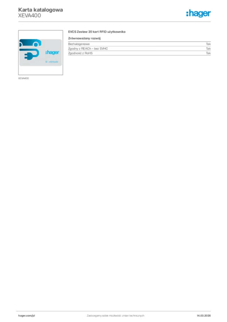 Zdjęcie Hager Karta katalogowa XEVA400 | Hager Polska