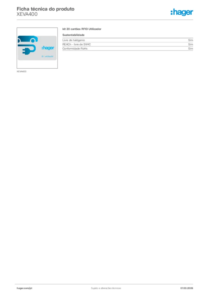 Imagem Hager Ficha técnica do produto XEVA400 | Hager Portugal