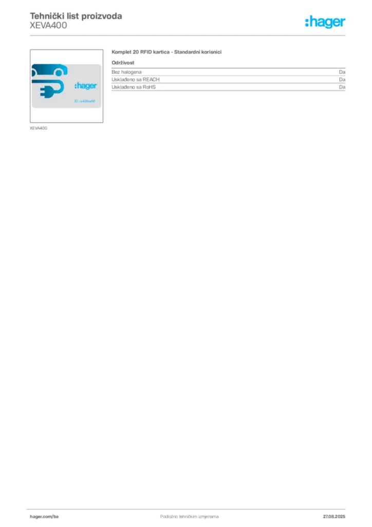 Slika Hager Product data sheet XEVA400  | Hager