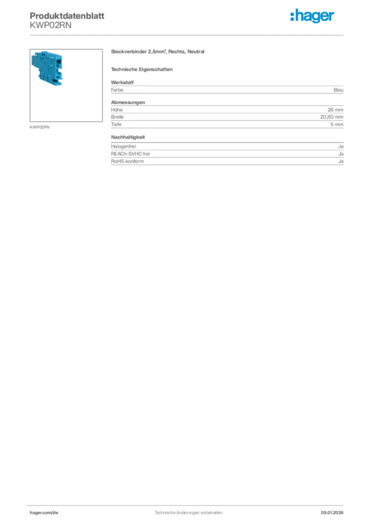 Bild Hager Produktdatenblatt KWP02RN | Hager Deutschland