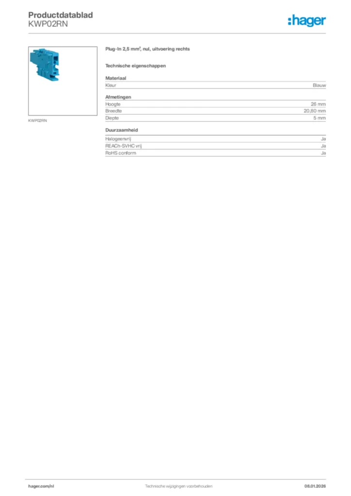 Afbeelding Hager Productdatablad KWP02RN | Hager Nederland