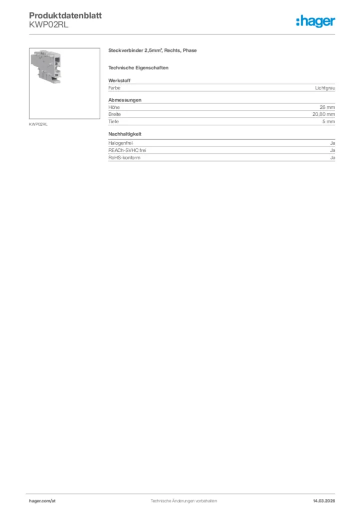 Bild Hager Produktdatenblatt KWP02RL | Hager Deutschland