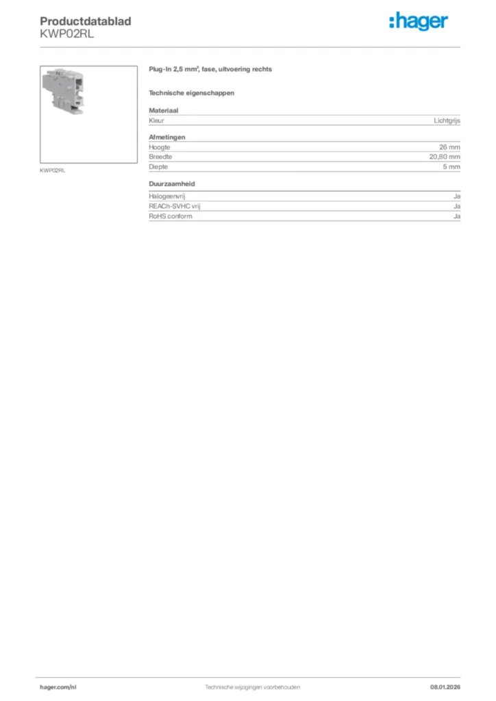 Afbeelding Hager Productdatablad KWP02RL | Hager Nederland