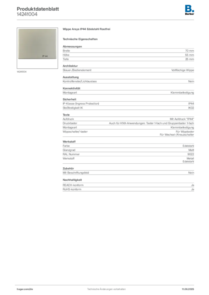 Bild Berker Produktdatenblatt 14241004 | Hager Deutschland