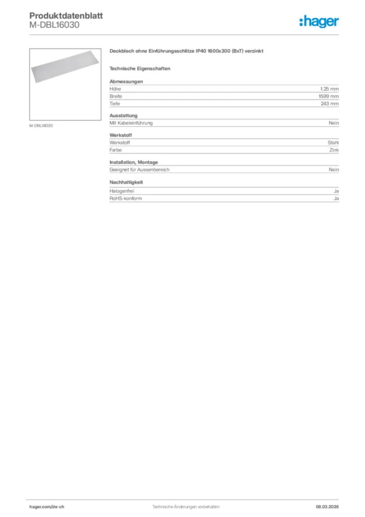 Bild Hager Produktdatenblatt M-DBL16030 | Hager Schweiz