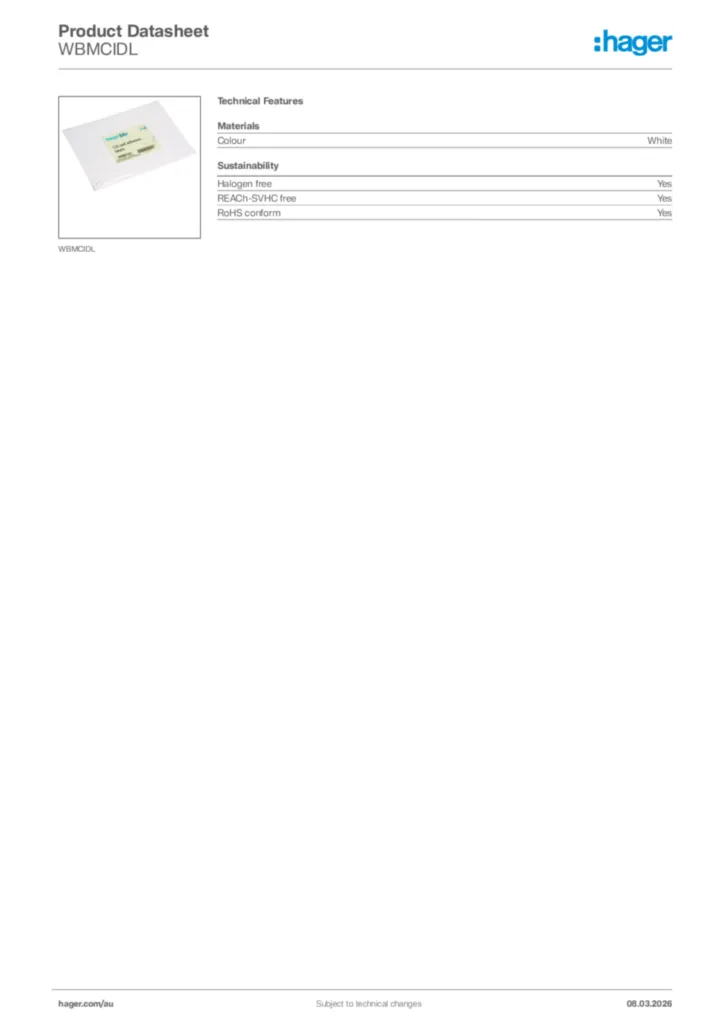 Image Hager Product data sheet WBMCIDL  | Hager Australia