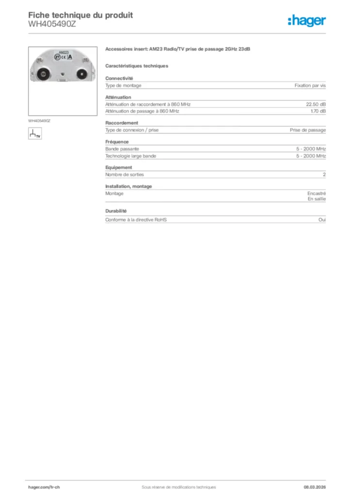Image Hager Fiche technique du produit WH405490Z | Hager Suisse