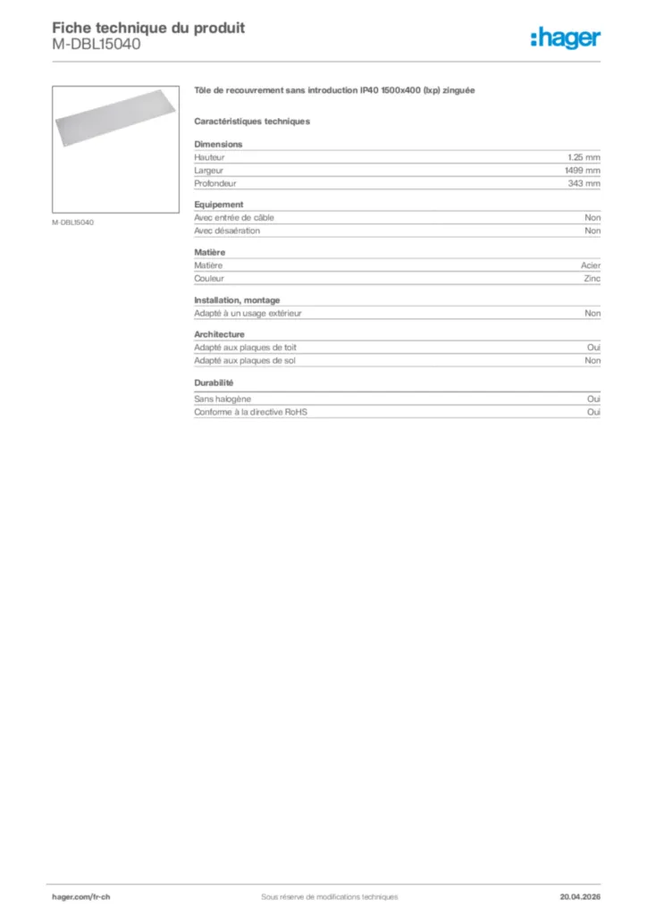 Image Hager Fiche technique du produit M-DBL15040 | Hager Suisse