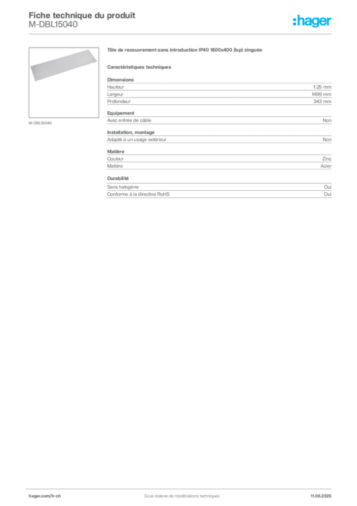 Image Hager Fiche technique du produit M-DBL15040 | Hager Suisse