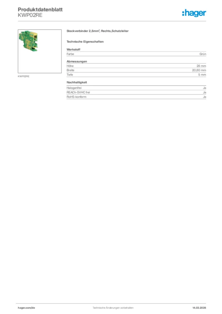Bild Hager Produktdatenblatt KWP02RE | Hager Deutschland