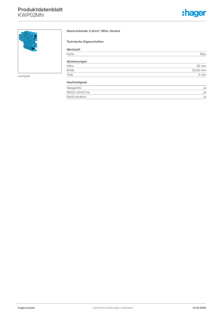 Bild Hager Produktdatenblatt KWP02MN | Hager Deutschland