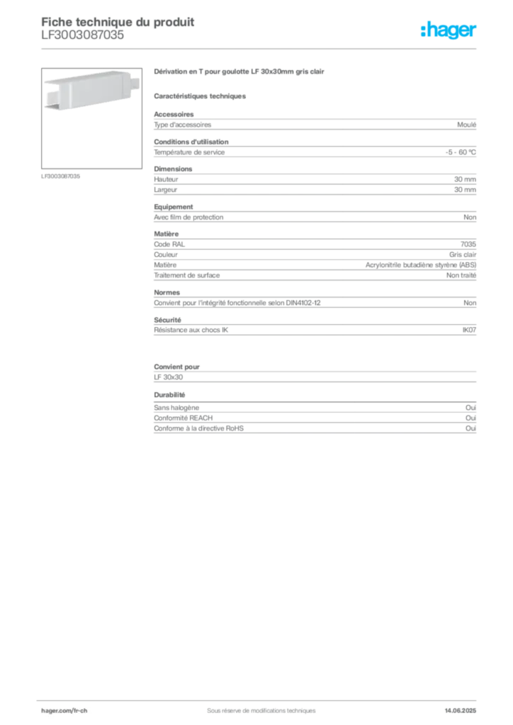 Image Hager Fiche technique du produit LF3003087035 | Hager Suisse