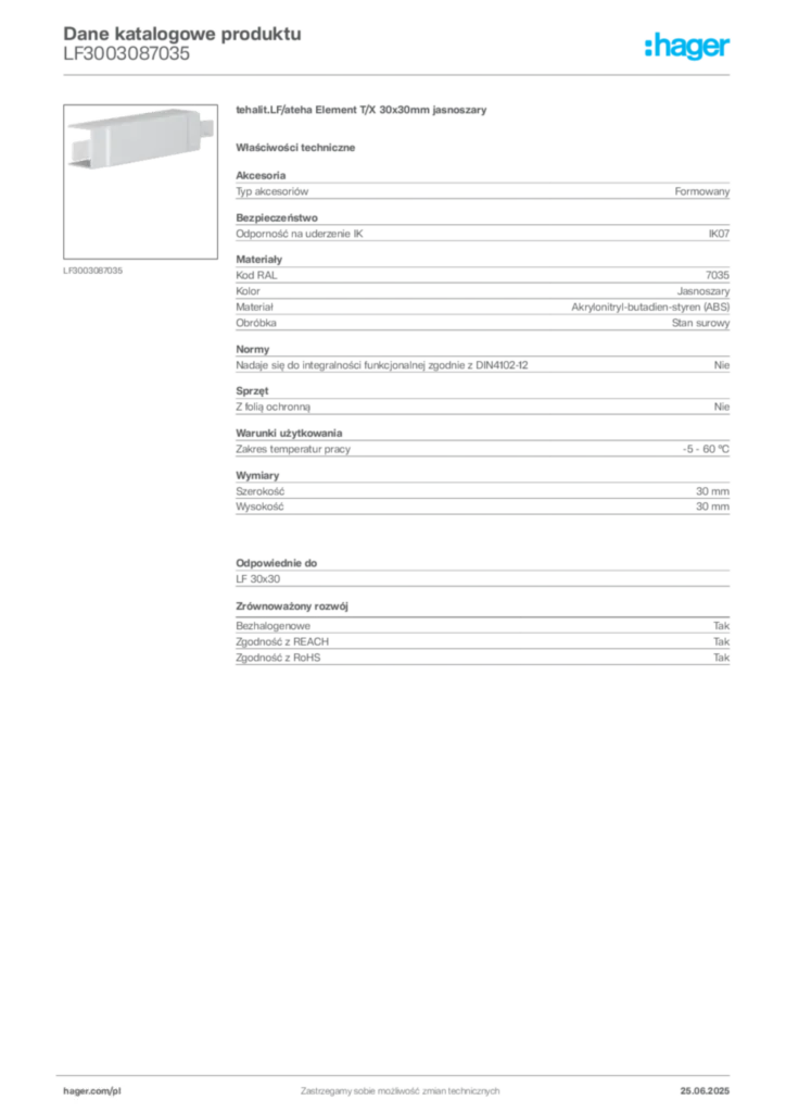 Zdjęcie Hager Karta katalogowa LF3003087035 | Hager Polska