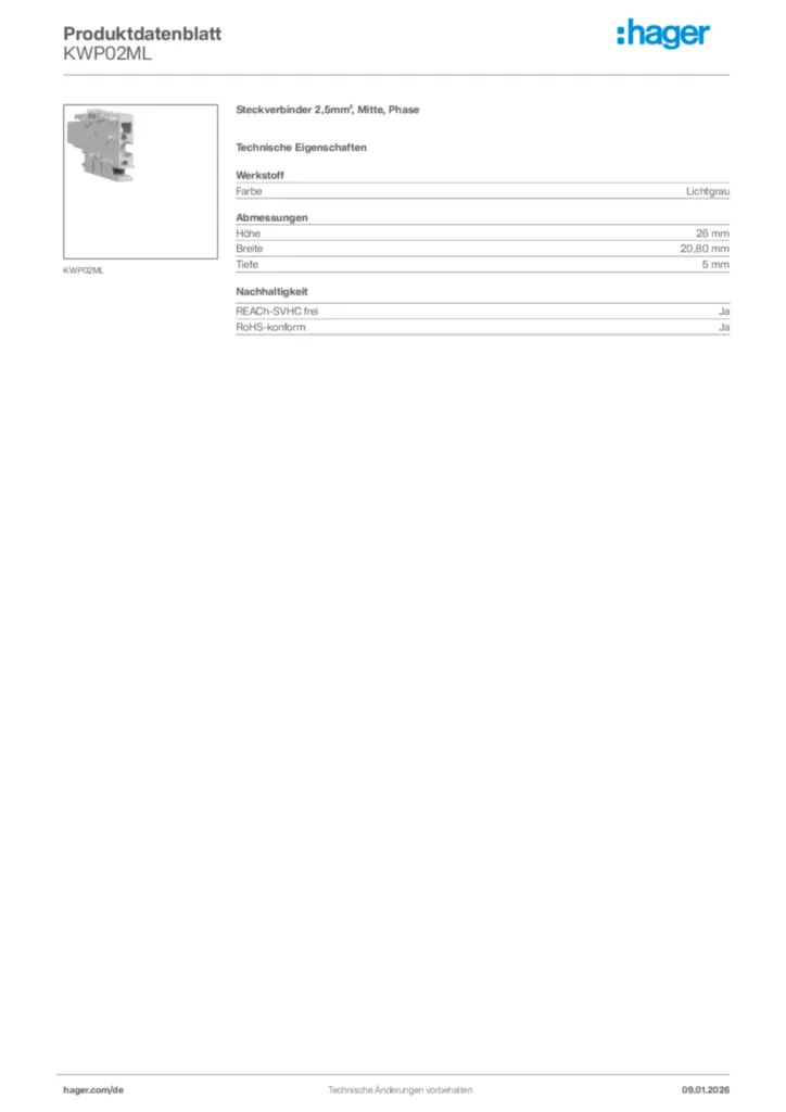 Bild Hager Produktdatenblatt KWP02ML | Hager Deutschland