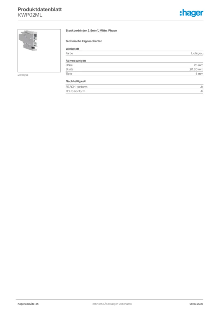Bild Hager Produktdatenblatt KWP02ML | Hager Schweiz