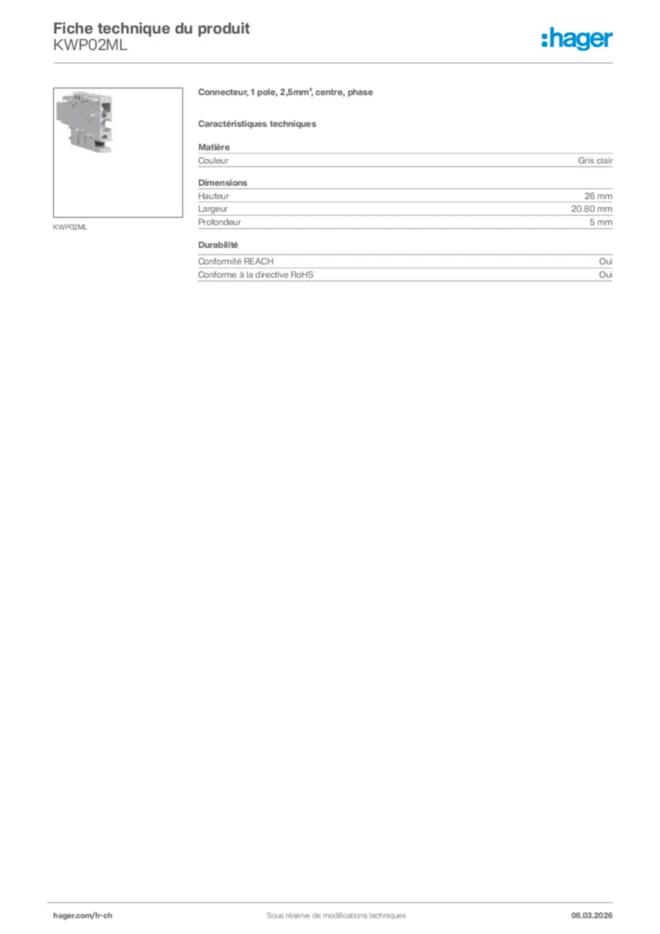 Image Hager Fiche technique du produit KWP02ML | Hager Suisse