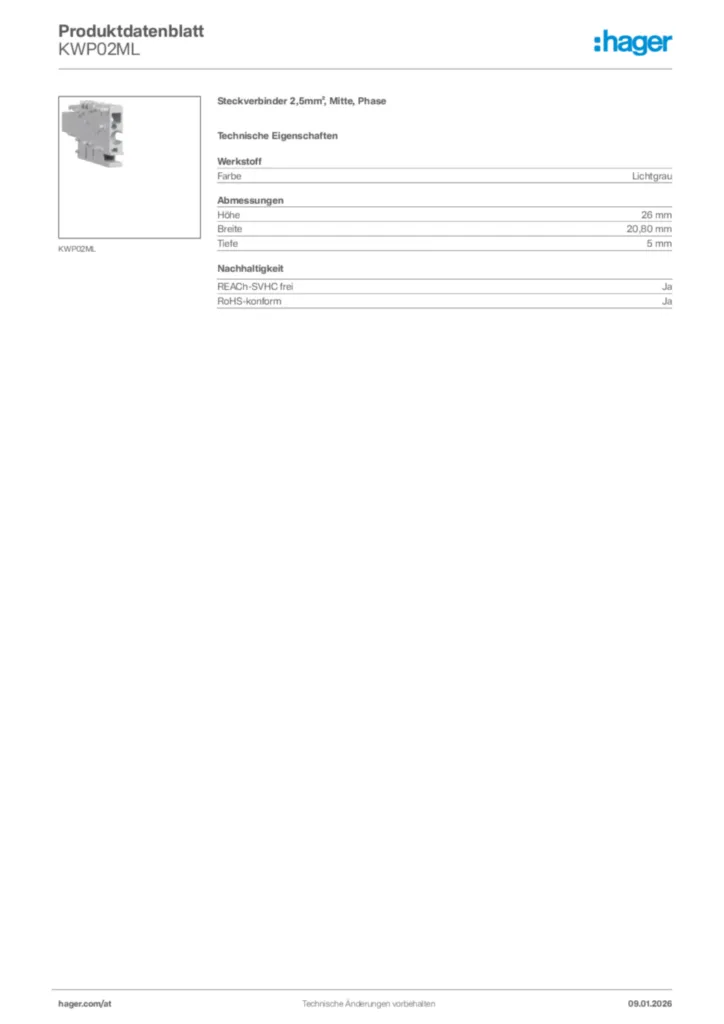 Bild Hager Produktdatenblatt KWP02ML | Hager Deutschland