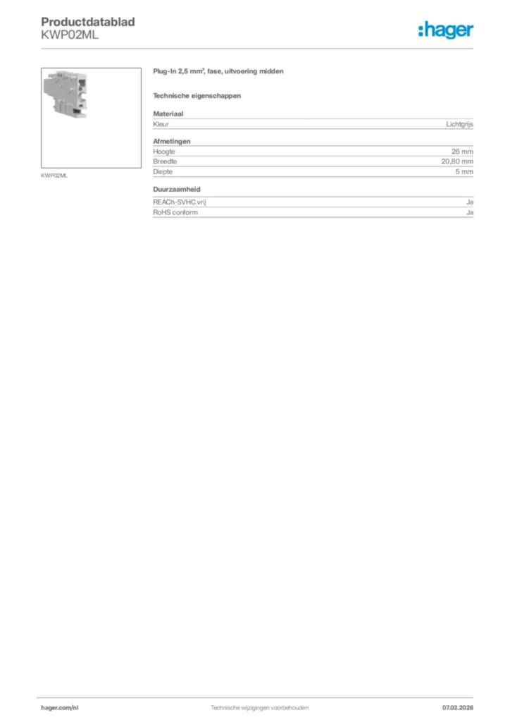 Afbeelding Hager Productdatablad KWP02ML | Hager Nederland