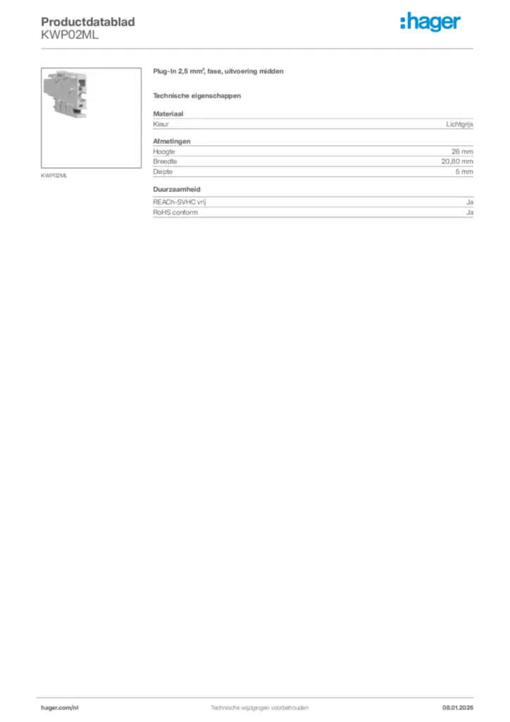 Afbeelding Hager Productdatablad KWP02ML | Hager Nederland